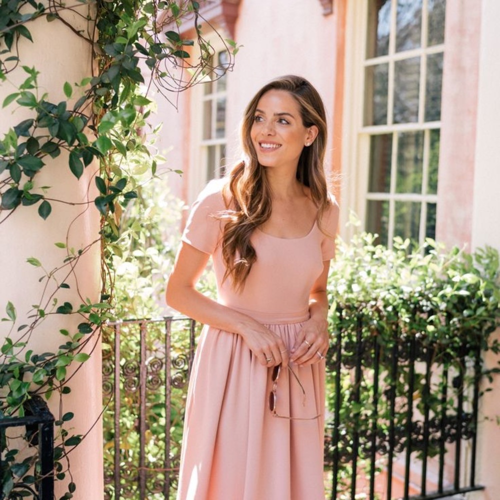 Pastel Pink Fit and Flare Dress with Short Sleeves and Square Neck for Weddings